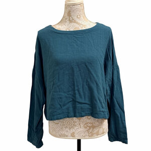 PrettyGarden Chic XXL Teal Linen Blend Cropped Long Sleeve Top